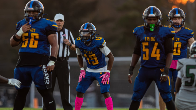 Wicomico High School Football at the line.